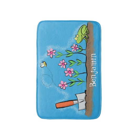 Cute frog en bee in tuinschilfering cartoon badmat (Voorkant Verticaal)