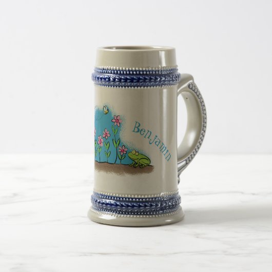 Cute frog en bee in tuinschilfering cartoon bierpul (Voorkant rechts)