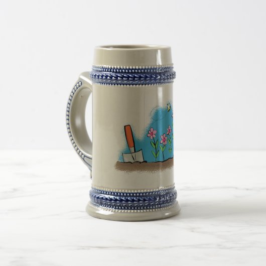 Cute frog en bee in tuinschilfering cartoon bierpul (Voorkant links)