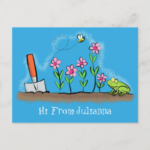 Cute frog en bee in tuinschilfering cartoon briefkaart