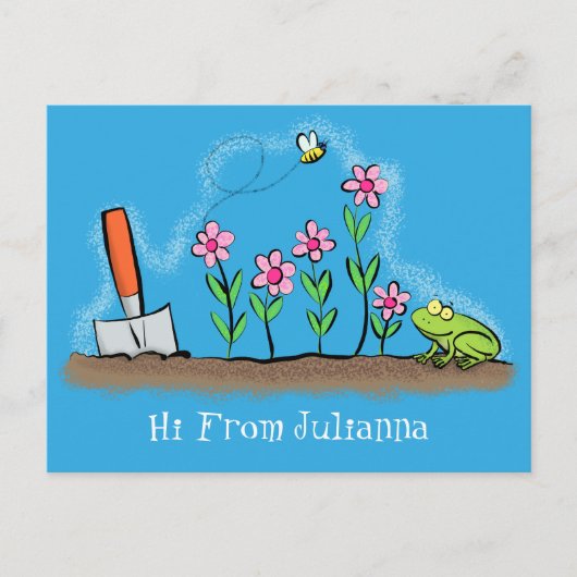 Cute frog en bee in tuinschilfering cartoon briefkaart (Voorkant)