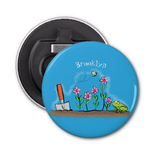 Cute frog en bee in tuinschilfering cartoon button flesopener
