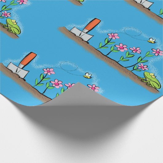 Cute frog en bee in tuinschilfering cartoon cadeaupapier (Hoek)