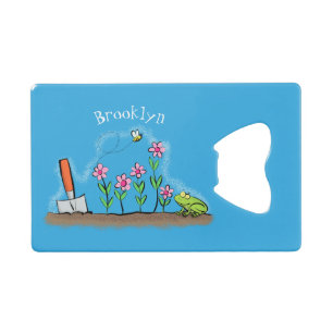 Cute frog en bee in tuinschilfering cartoon creditkaart flessenopener