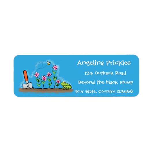 Cute frog en bee in tuinschilfering cartoon etiket (Voorkant)