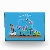 Cute frog en bee in tuinschilfering cartoon fotoblokken (Voorkant)