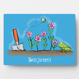 Cute frog en bee in tuinschilfering cartoon fotoplaat