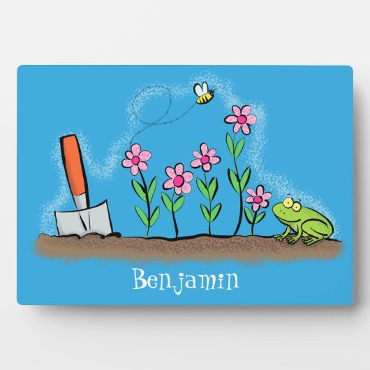Cute frog en bee in tuinschilfering cartoon fotoplaat (voorkant)