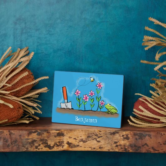 Cute frog en bee in tuinschilfering cartoon fotoplaat (Zijkant)