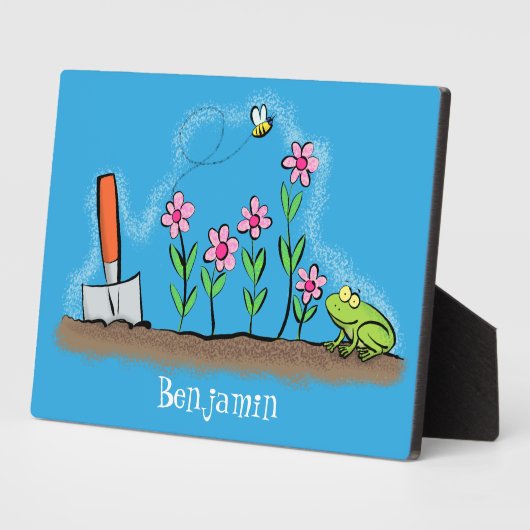 Cute frog en bee in tuinschilfering cartoon fotoplaat (Zijkant)