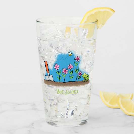 Cute frog en bee in tuinschilfering cartoon glas (Achterkant ijs)
