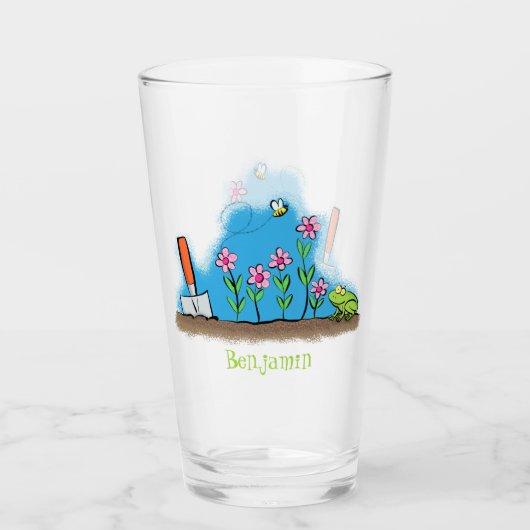 Cute frog en bee in tuinschilfering cartoon glas (Voorkant)