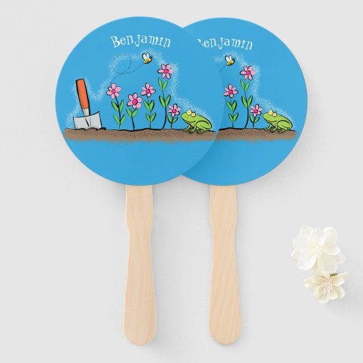Cute frog en bee in tuinschilfering cartoon handwaaier (Voorkant en achterkant)