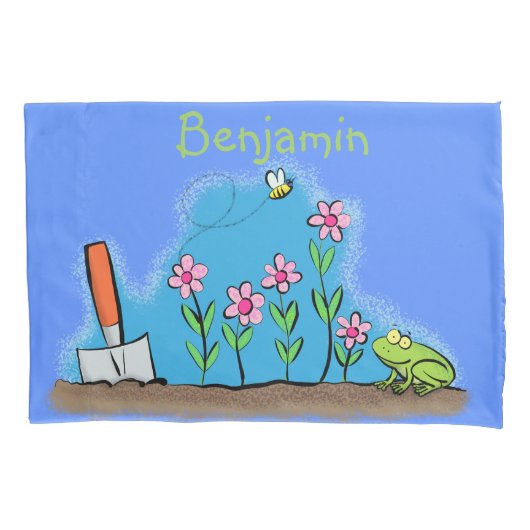 Cute frog en bee in tuinschilfering cartoon kussensloop (Voorkant)