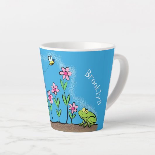 Cute frog en bee in tuinschilfering cartoon latte mok (Rechterhoek)