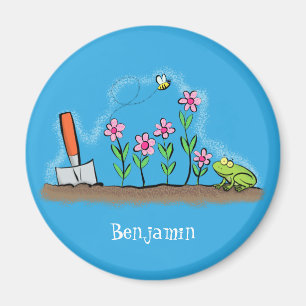 Cute frog en bee in tuinschilfering cartoon magneet