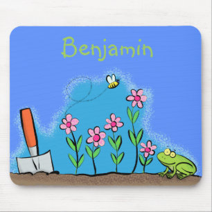 Cute frog en bee in tuinschilfering cartoon muismat