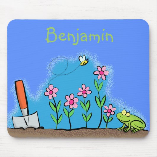 Cute frog en bee in tuinschilfering cartoon muismat (Voorkant)