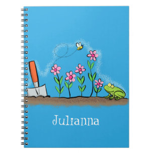 Cute frog en bee in tuinschilfering cartoon notitieboek