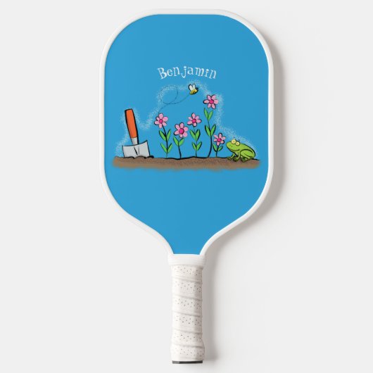 Cute frog en bee in tuinschilfering cartoon pickleball paddle (Voorkant)