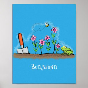 Cute frog en bee in tuinschilfering cartoon poster