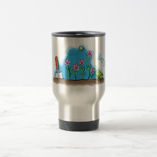 Cute frog en bee in tuinschilfering cartoon reisbeker
