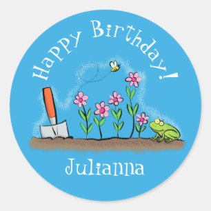 Cute frog en bee in tuinschilfering cartoon ronde sticker