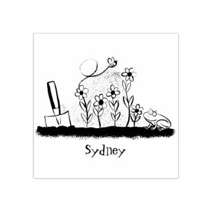 Cute frog en bee in tuinschilfering cartoon rubberstempel