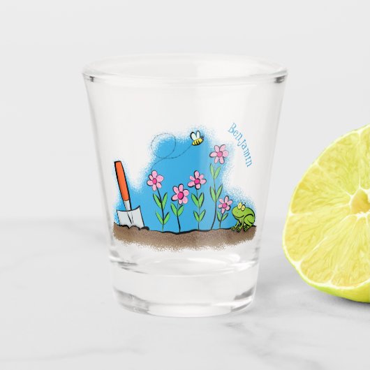 Cute frog en bee in tuinschilfering cartoon shot glas (Voorkant)