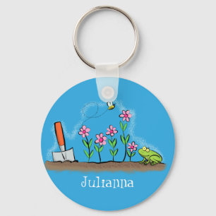 Cute frog en bee in tuinschilfering cartoon sleutelhanger
