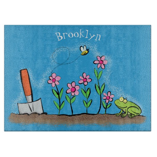 Cute frog en bee in tuinschilfering cartoon snijplank (Voorkant)