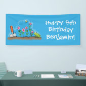 Cute frog en bee in tuinschilfering cartoon spandoek (Beurs)