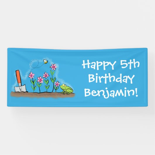Cute frog en bee in tuinschilfering cartoon spandoek (Horizontaal)