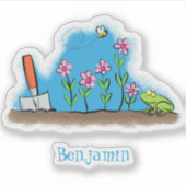 Cute frog en bee in tuinschilfering cartoon sticker (Voorkant)