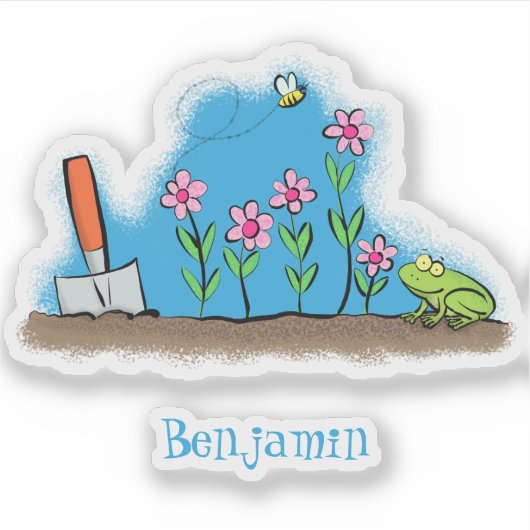 Cute frog en bee in tuinschilfering cartoon sticker (Voorkant)