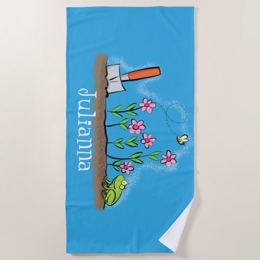 Cute frog en bee in tuinschilfering cartoon strandlaken (Voorkant)