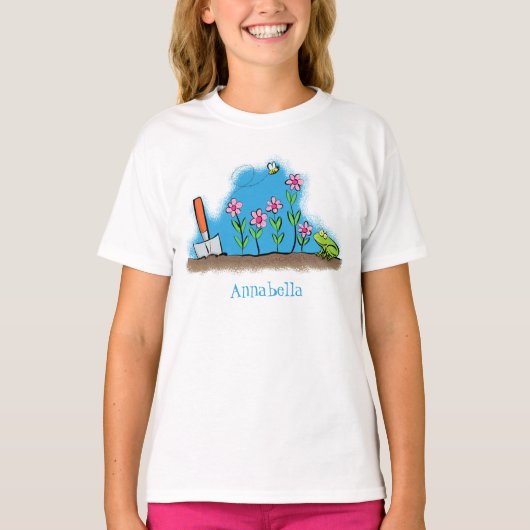 Cute frog en bee in tuinschilfering cartoon t-shirt (Voorkant)