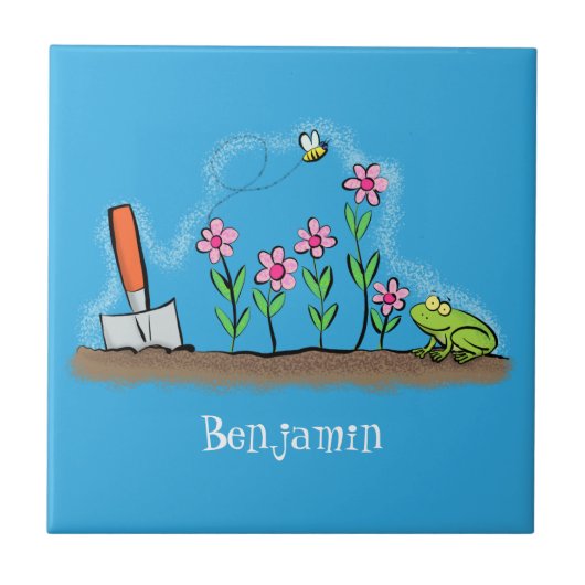 Cute frog en bee in tuinschilfering cartoon tegeltje (Voorkant)