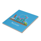 Cute frog en bee in tuinschilfering cartoon tegeltje (Zijkant)