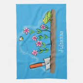 Cute frog en bee in tuinschilfering cartoon theedoek (Verticaal)