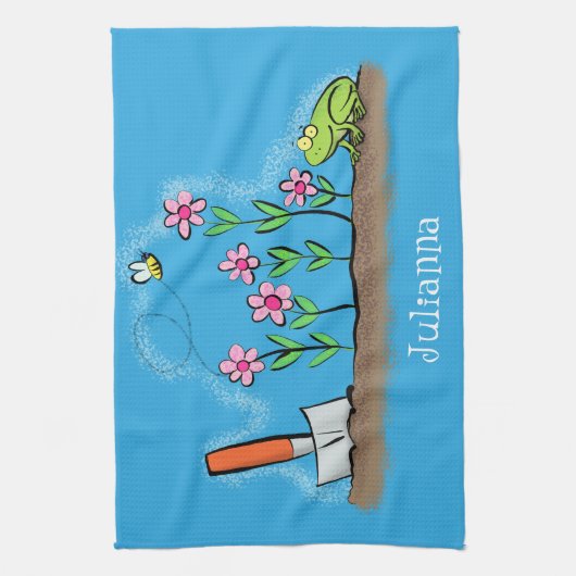 Cute frog en bee in tuinschilfering cartoon theedoek (Verticaal)