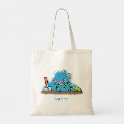 Cute frog en bee in tuinschilfering cartoon tote bag (Achterkant)