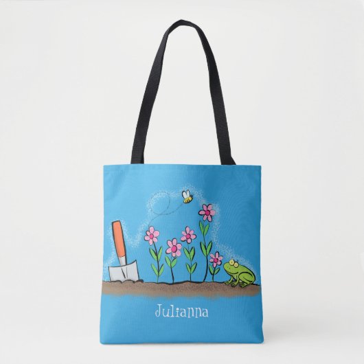 Cute frog en bee in tuinschilfering cartoon tote bag (Voorkant)