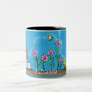 Cute frog en bee in tuinschilfering cartoon tweekleurige koffiemok