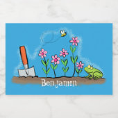 Cute frog en bee in tuinschilfering cartoon voedselcontainer etiket (Enkel label)