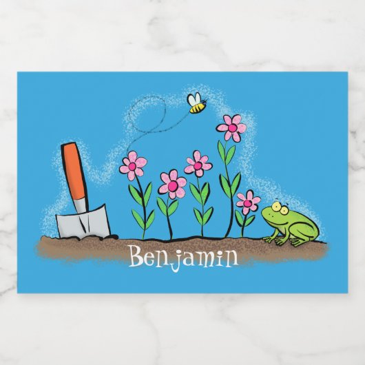 Cute frog en bee in tuinschilfering cartoon voedselcontainer etiket (Enkel label)