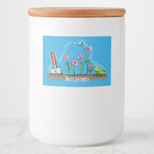Cute frog en bee in tuinschilfering cartoon voedselcontainer etiket