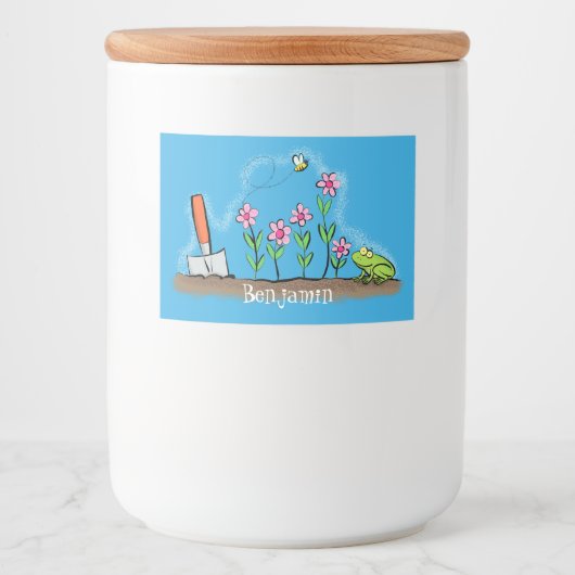 Cute frog en bee in tuinschilfering cartoon voedselcontainer etiket (Voorkant)