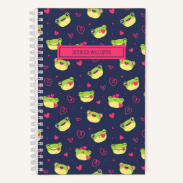 Cute Frog en Doodle Hart Patroon Marineblauw Roze Notitieboek