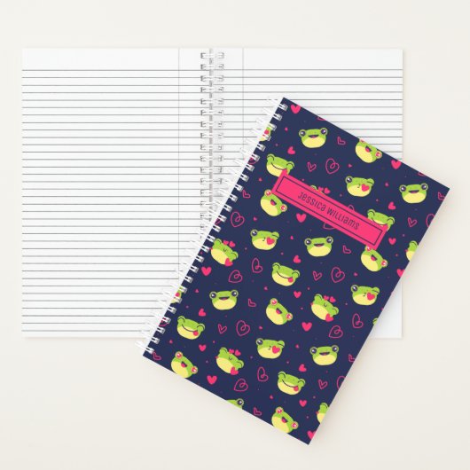Cute Frog en Doodle Heart Pattern Blue Roze Notitieboek (Binnen)